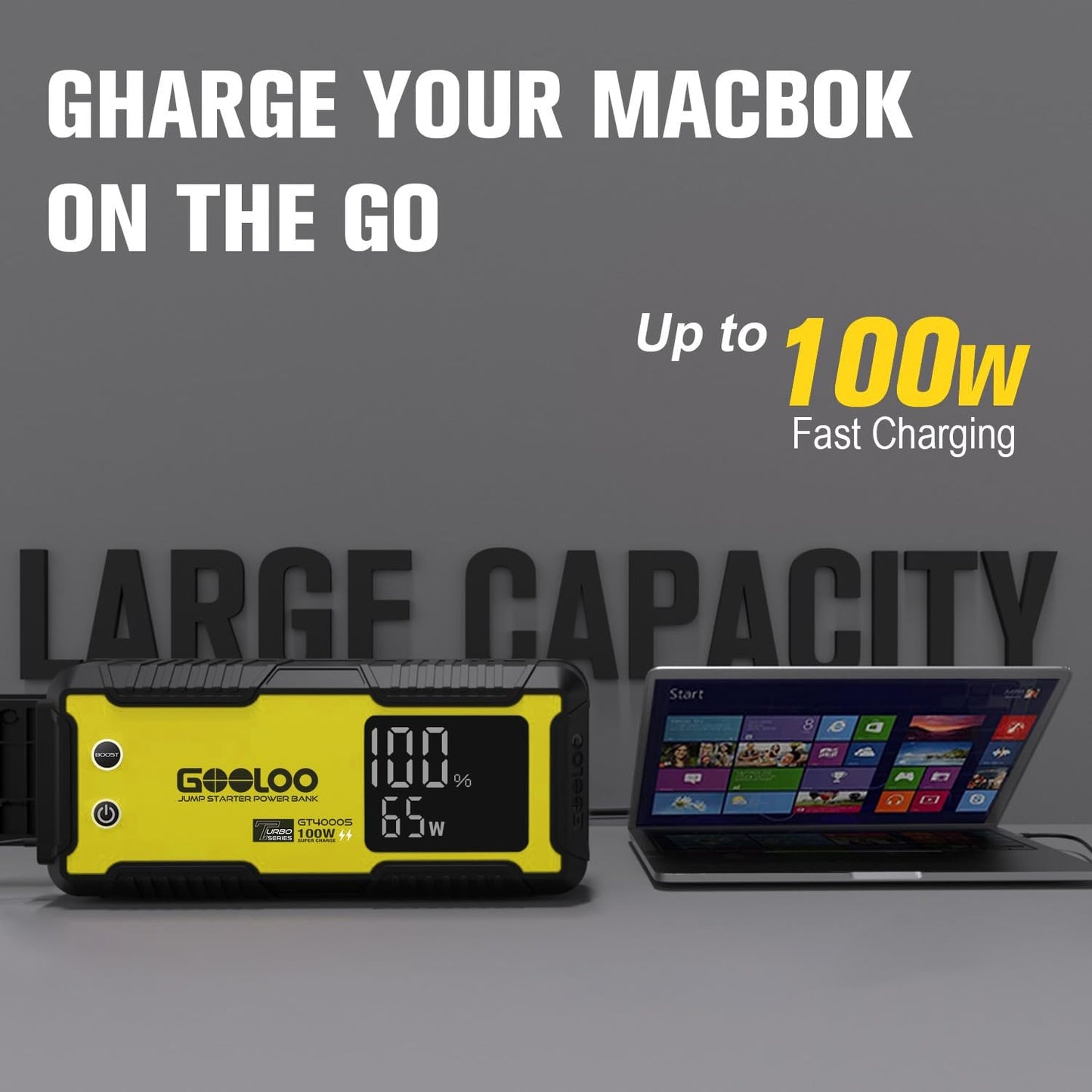 GOOLOO GT4000S Jump Starter 4000A Car Jumper Starter (Up to 10L Diesel All Gas Engines), 100W Fast-Charging Lithium Jump Box, SuperSafe Portable Car Battery Charger Power Bank for 12V Vehicles, Yellow