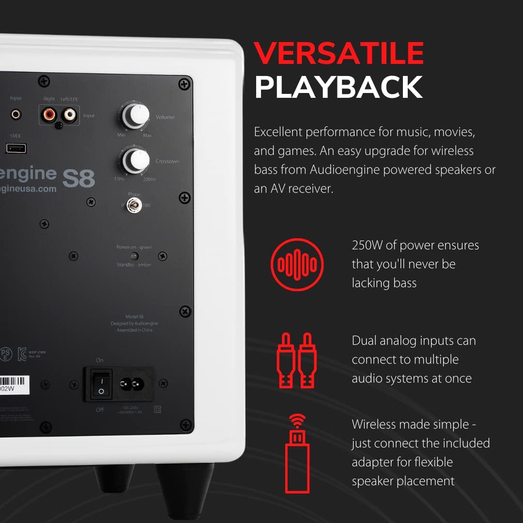 Audioengine S8 250W Wireless Powered Subwoofer, Built-in Amplifier (Wireless, White)