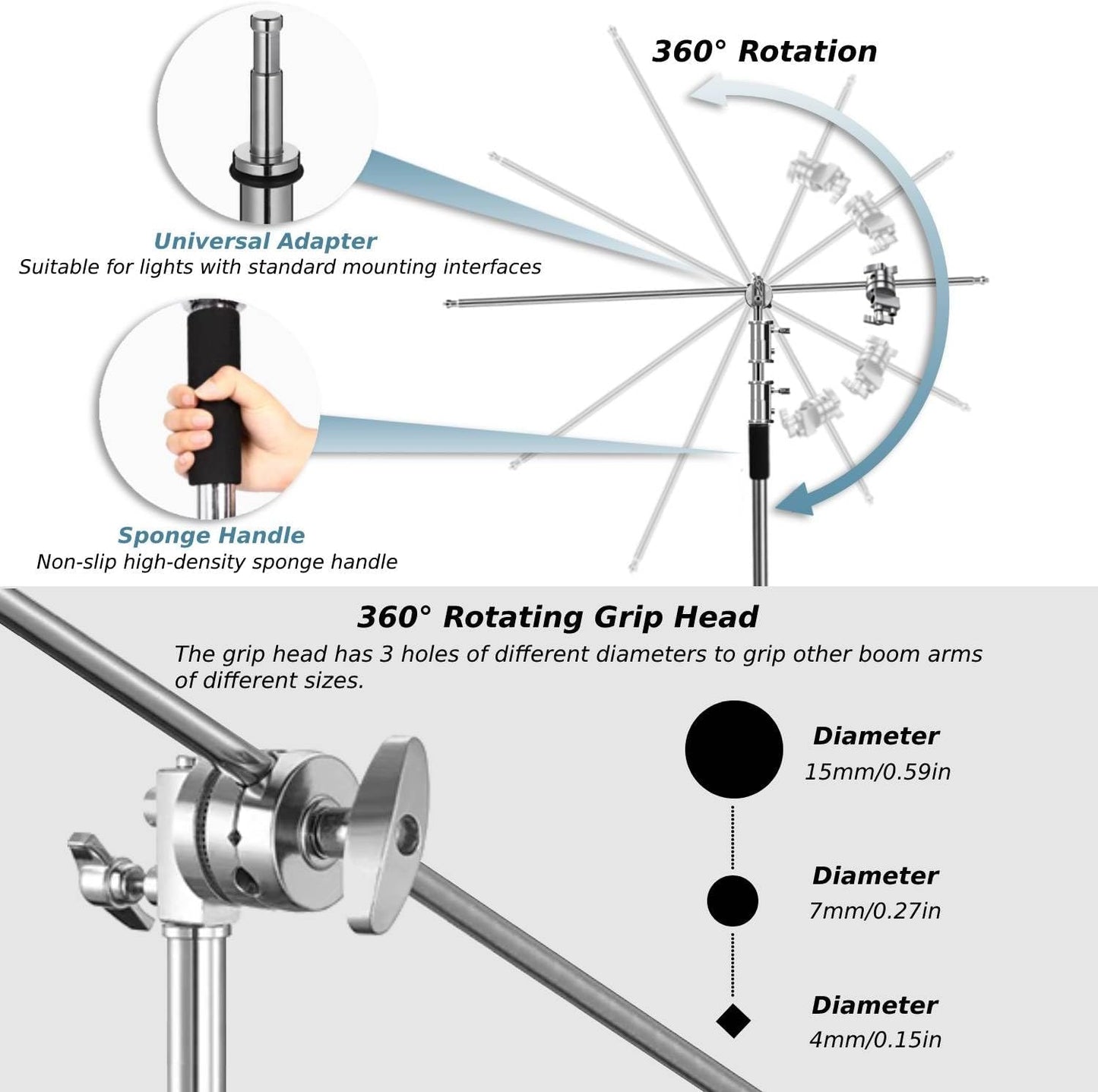 Heavy Duty C Stand with Boom Arm, Stainless Steel Heavy Duty Photography Light Stand, Adjustable Height 4.9ft-10.8ft, with 4.1ft Holding Arm, for Reflector, Umbrella, Softbox, Monolight
