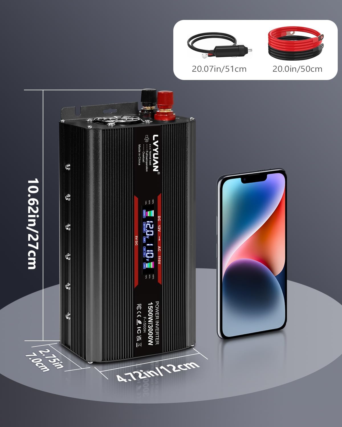 LVYUAN 1500W Car Power Inverter 12V to 110V DC to AC with 2 US Sockets, Cigarette Lighter, LCD Display, USB Ports for Car, Home, Truck, Outdoor, Camping