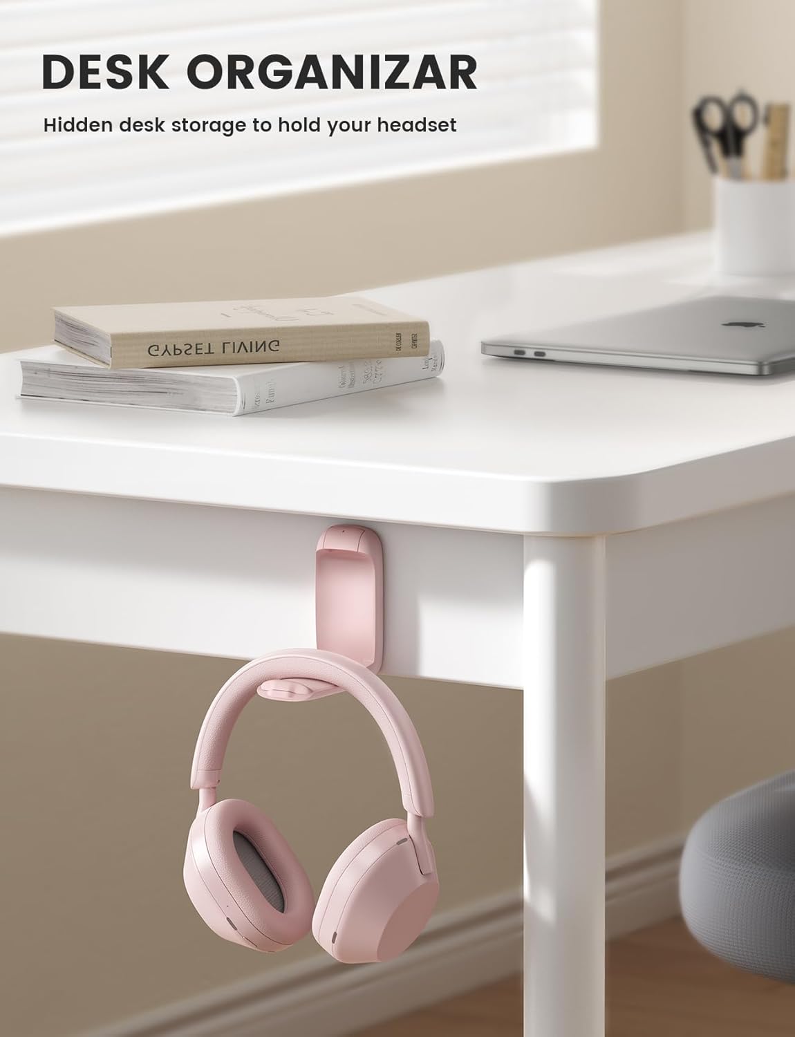 Lamicall Headphone Stand, Sticky Headset Holder - Foldable Headphone Holder Hook Mount, Adhesive Headset Hanger Clip Under Desk, Earphone Clamp for Airpods Max, HyperX, Sennheiser, Pink