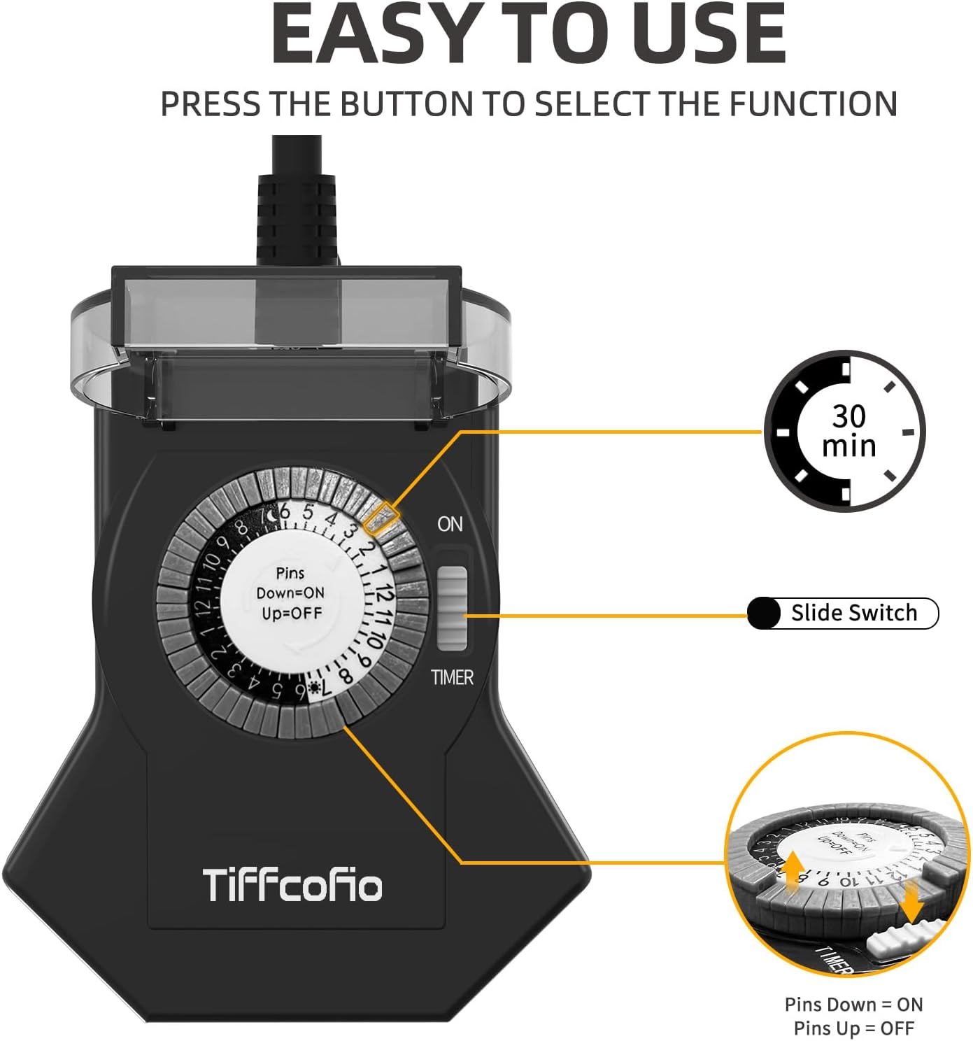Outdoor Timer Outlet Waterproof, 24 Hour Mechanical Light Timer Outdoor, 2 Grounded Outlets for Home and Garden, 15A 1/2HP, Heavy Duty, ETL Listed (1 Pack)