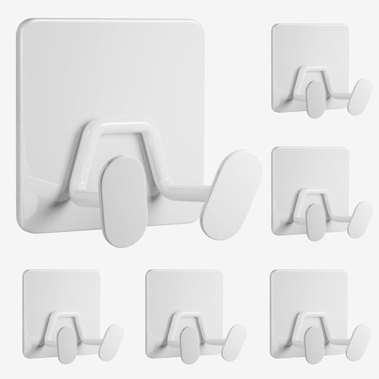 Adhesive Shower Hooks for Bathroom - Extra Sticky Stainless, Wall Hooks for Hanging Towel, Razor, Loofah, Robe, Coat, Heavy Duty Hanger for Kitchen, Bedroom, Door, Metal, Matt White, 6 Pack