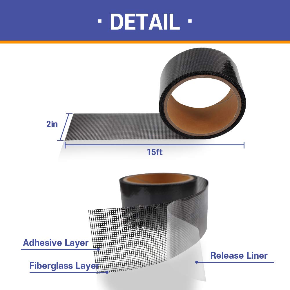 HA SHI Screen Repair Kit for Windows or Doors (2" x 15FT, Black) 3-Layer Strong Adhesive Tape, Made in Korea, Ease-Installation Fiberglass Covering Mesh