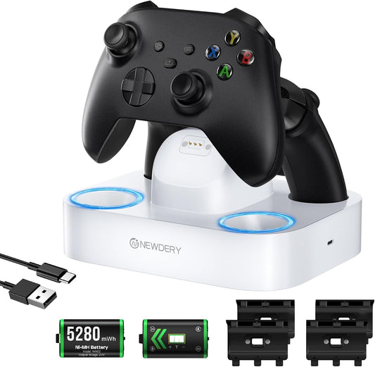 NEWDERY Controller Charger Station for Xbox, 2x5280mWh Rechargeable Battery Packs for Xbox One/Series X|S Controller, Dual Charging Dock for Xbox Controller with 4 Battery Covers-White