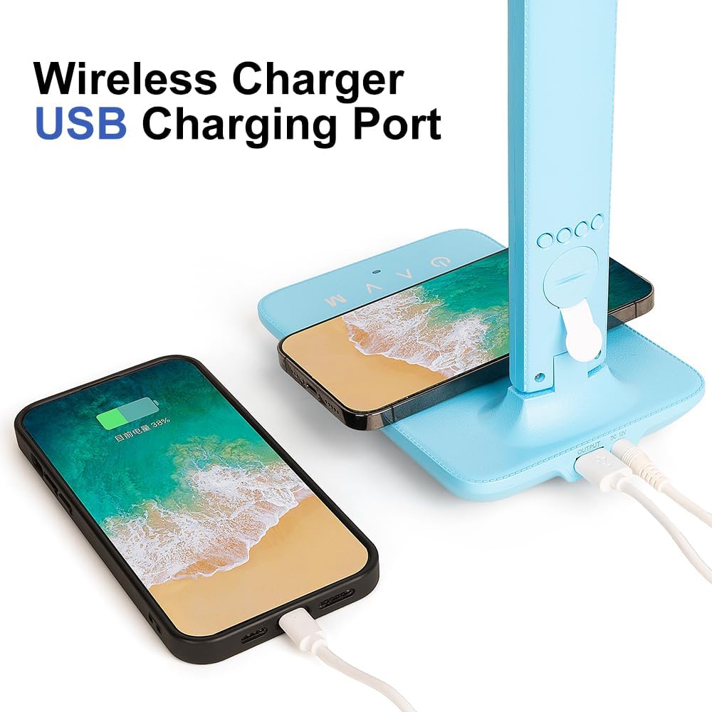 Multifunctional LED Desk Lamp with Wireless Charger,USB Charging Port,Clock,Phone Holder,Desk Lamps for Home Office,Eye-Caring Reading Lamp,Study Lamp for Boys,Girls,Teens,Blue