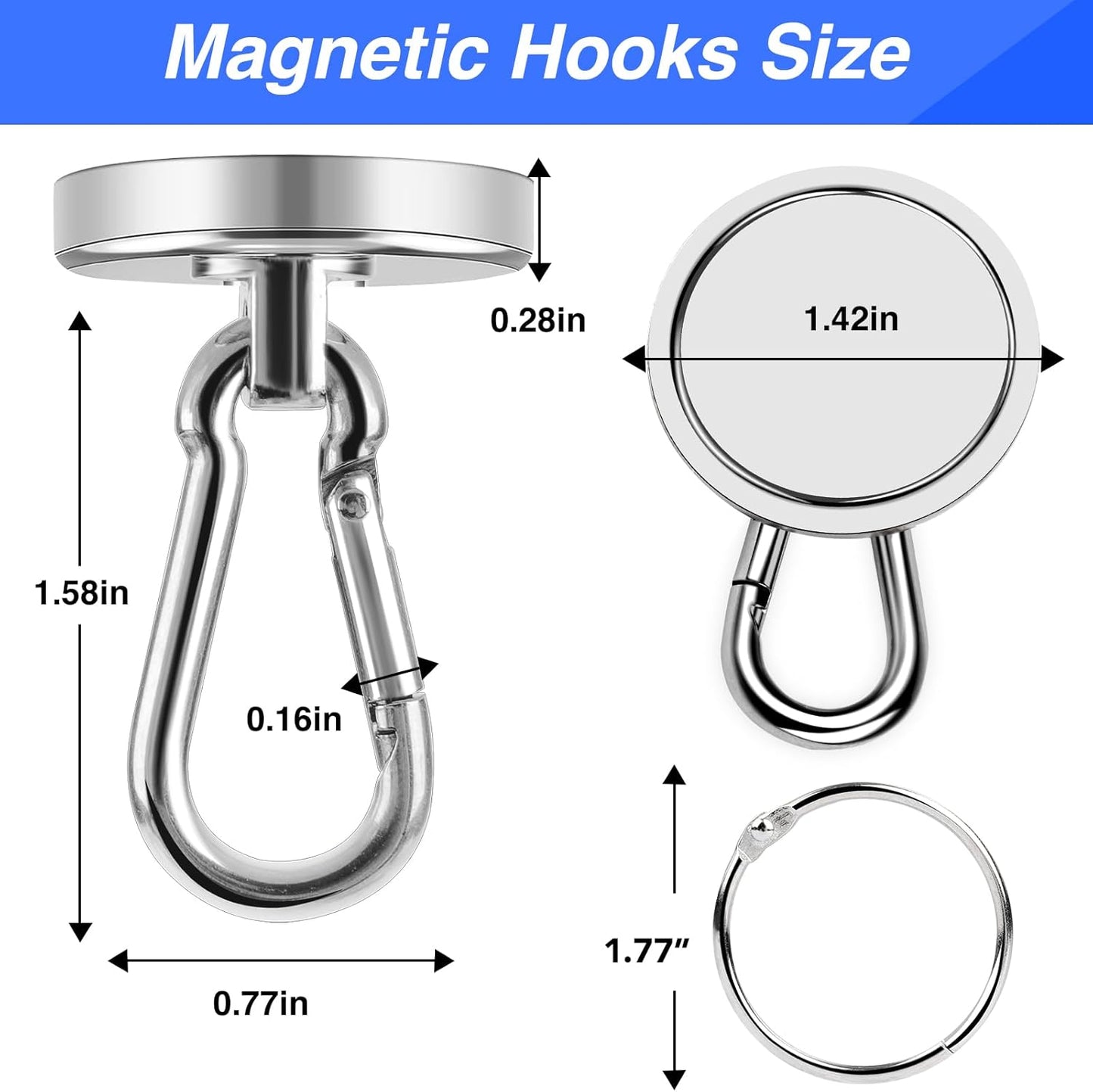 LOVIMAG Magnetic Hooks Heavy Duty, 150LBS Super Strong Magnet Hooks Magnetic Hook Cruise, Neodymium Magnets with Swivel Carabiner Hook for Hanging, Kitchen, Cruise Cabins, Grill, Tool Room-6 Pack