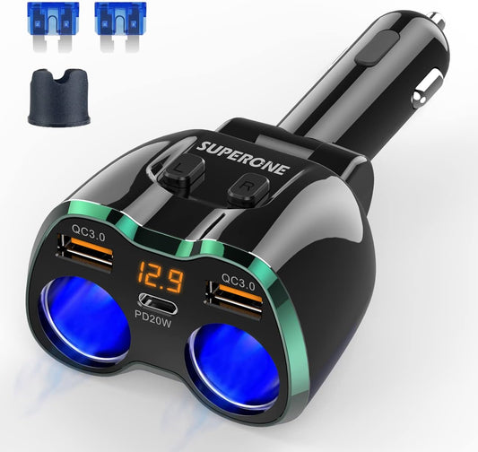 [2025 Upgraded] Cigarette Lighter Splitter, SUPERONE 180W 2-Socket Cigarette Lighter Adapter with Dual QC3.0 and 20W PD USB C Car Charger Splitter for GPS/Dash Cam/Laptop/iPad/iPhone 16/15/14/13/12/11