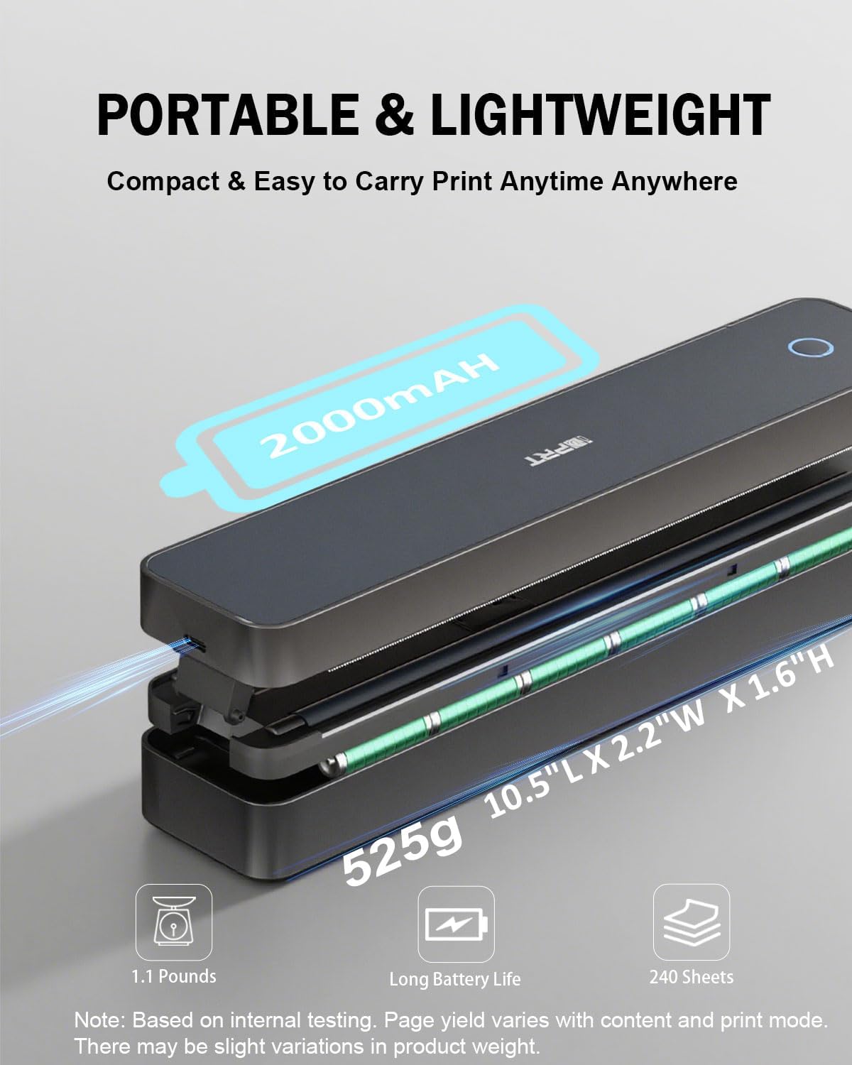 Inkless Portable Printer for Travel, 300DPI Wireless Thermal Printer Support 8.5" x 11" US Letter, A4, MT610Pro Small Bluetooth Printers Compatible with iOS, Android Laptop for Home Office Car, Black