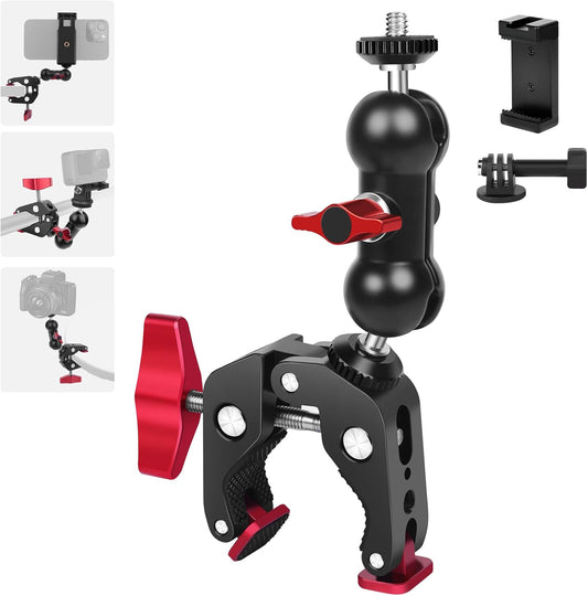 Super Clamp with Dual Ballhead Magic Arm, Aluminum Camera Clamp Mount Kit for DSLR Action Camera/Phone/Monitor/Video Light/Microphone, Camera Mount for Tripod/Desk/Tube (SY006)