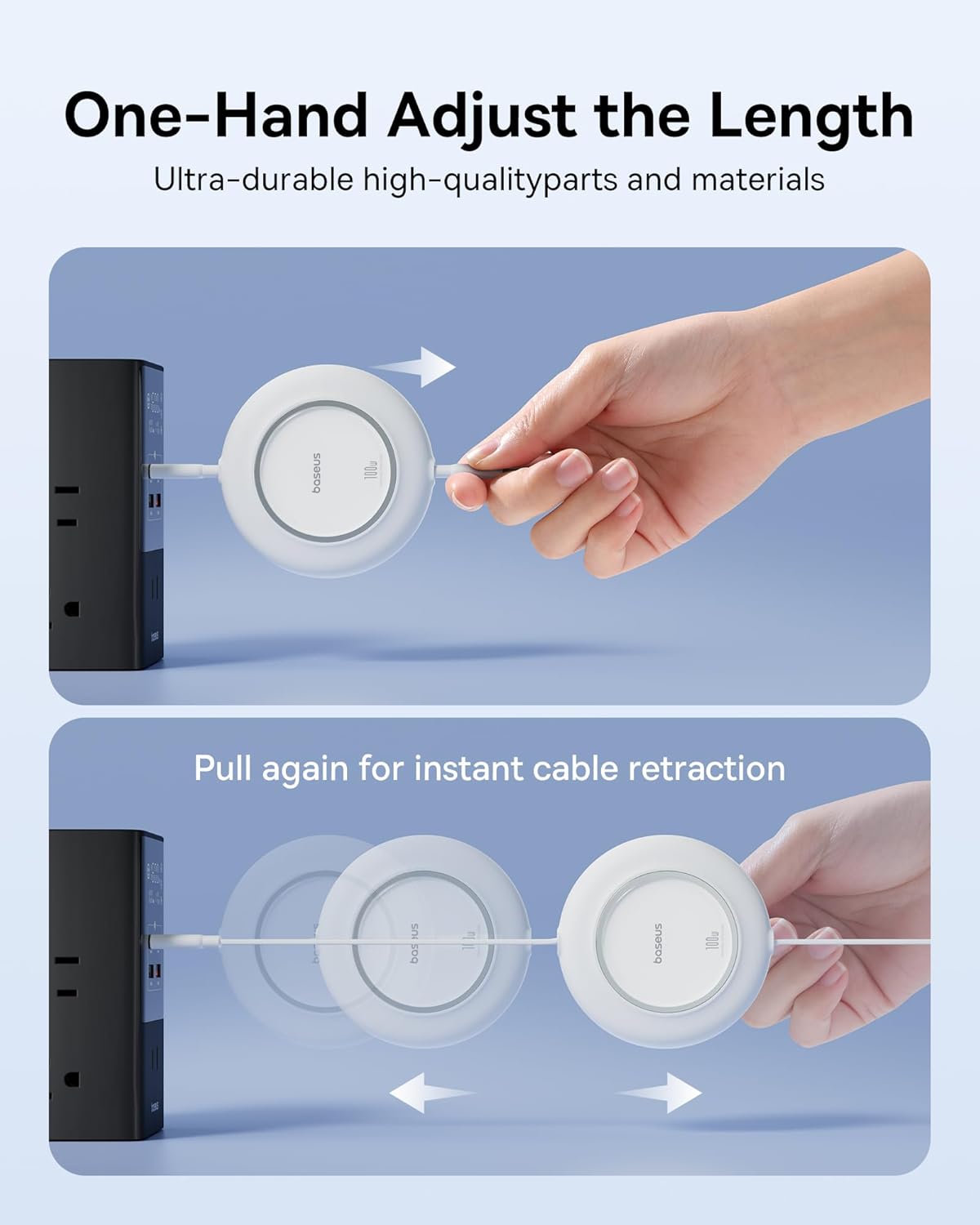 Baseus USB C to USB C Cable, 100W 6.6ft Retractable USB C Fast Charging Cable, 7-Stage Length Preset Retractable Charger Cord for iPhone 16 15 Pro Plus Pro Max, MacBook, iPad Pro, Samsung S24/S23+