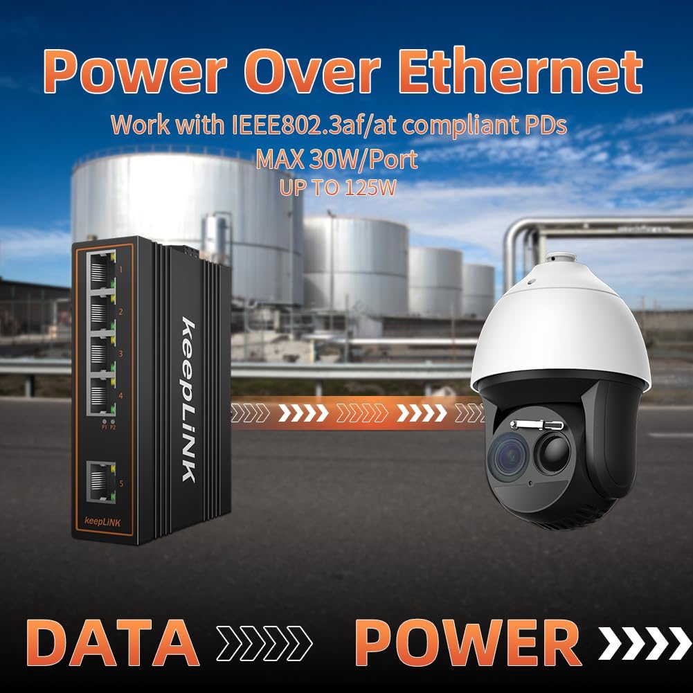 5 Port Gigabit Industrial PoE Switch Unmanaged, 125W Ethernet Din Rail Switch, IP40 Operating Temperature Range of -30° – 75°C (-22° – 167°F)