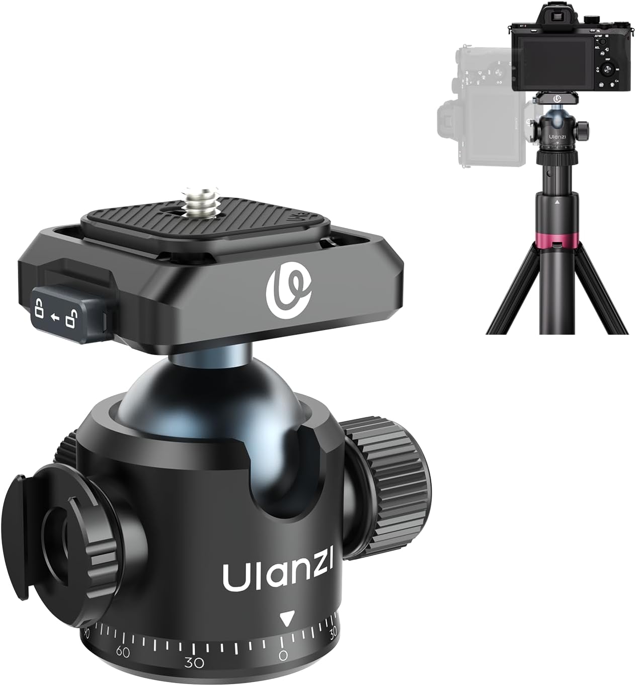 Ulanzi T100 Ball Head, Tripod Ball Head Mount 1/4 & 3/8 inch with Uka Quick Release Plate & Cold Shoe, 360° Rotating Panoramic Ball Head for DSLR Camera,Tripod,Monopod,Slider,Camcorder, 13lbs/6kg Load