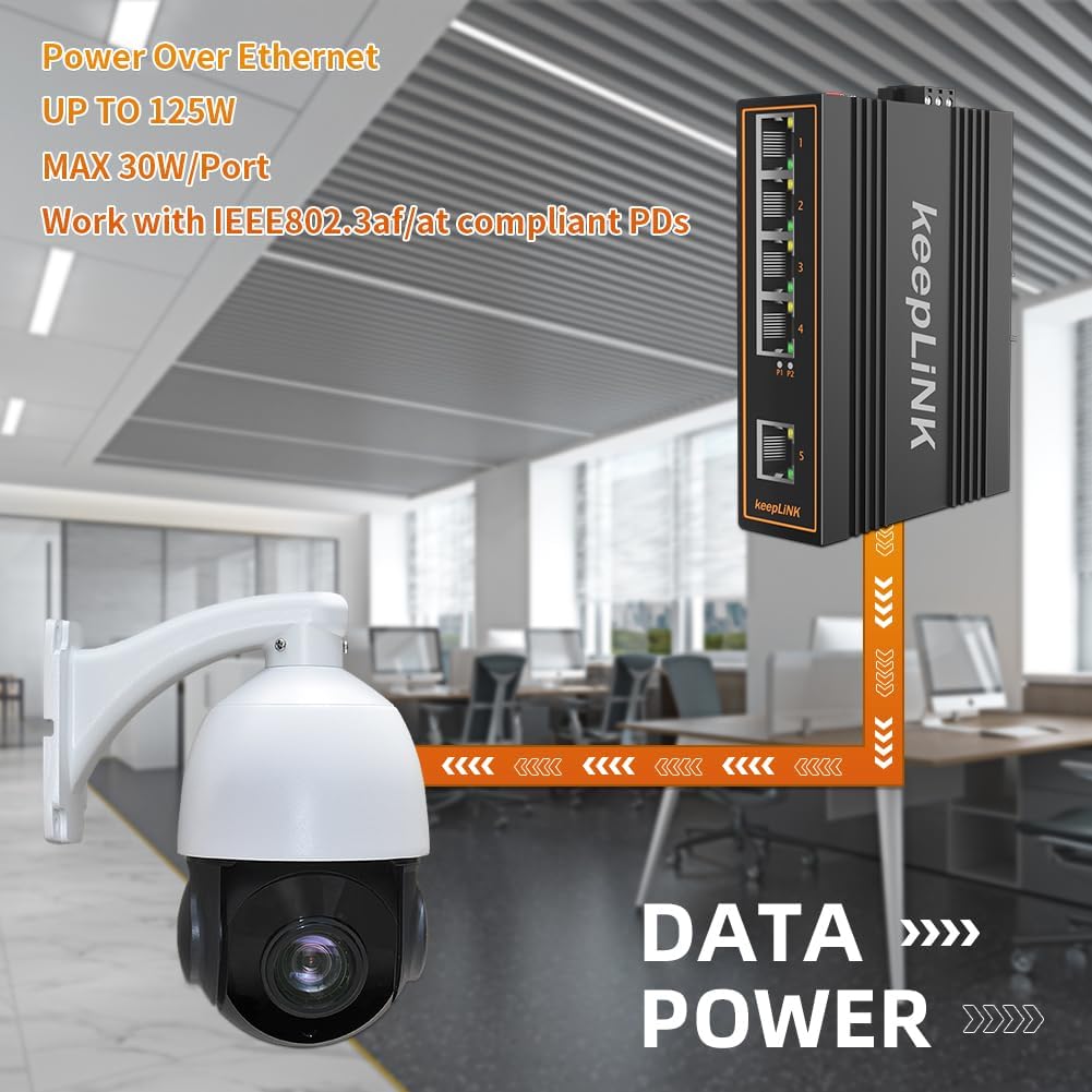 5 Port Industrial PoE Switch Unmanaged, 125W Fast Ethernet Din Rail Switch, IP40, Operating Temperature Range of -30° – 75°C (-22° – 167°F)