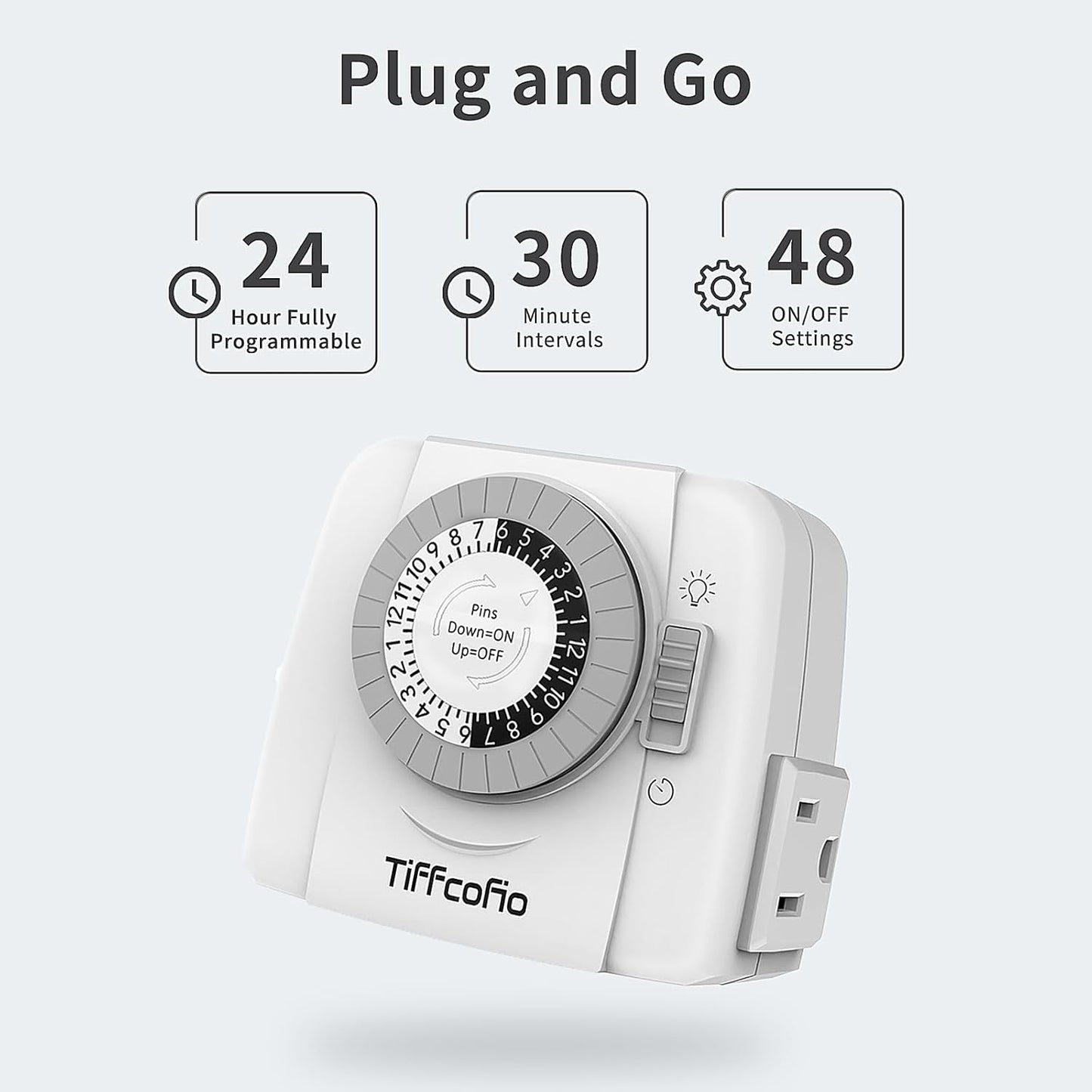 TiFFCOFiO Indoor Mechanical Light Timer, 3 Prong Plug in Outlet Timer, 2 Grounded Outlets for Indoor Lightings, ETL Listed