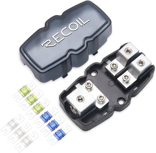 Recoil MFH12 2 Way Mini-ANL Fused Distribution Block, 1 X 0/2/4 Gauge in / 2 X 4/8 Gauge Out Fused Distribution Block with 60A, 80A, 100A Fuses, Solid Brass for Maximum Power Transfer
