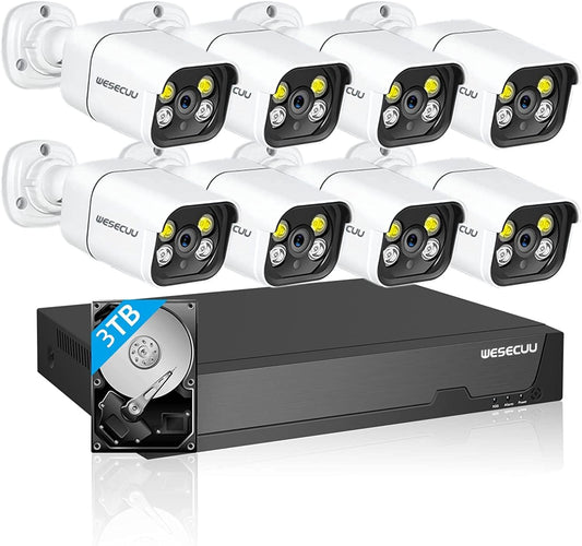 16CH ExpandableWESECUU Poe Security Camera System, 4K CCTV Camera Security System 8pcs IP Home Security Cameras Outdoor, 2-Way Audio, Human Detection, with 3TB HDD for 24-7 Recording (POE8 KIT)
