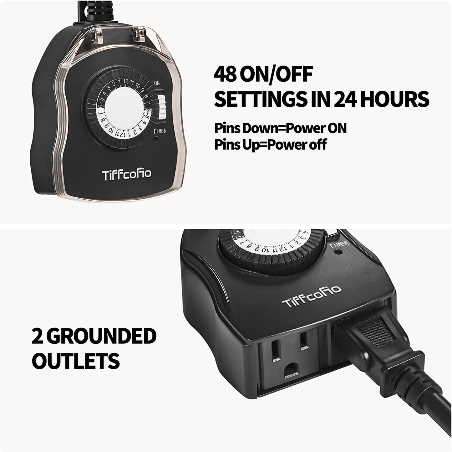 TiFFCOFiO Outdoor Timer Outlet for Lights, 24 Hour Mechanical, Outdoor Light Timer Waterproof, 2 Grounded Outlets for Home and Garden, 15A 1/2HP, Heavy Duty, CSA Listed (2 Pack)