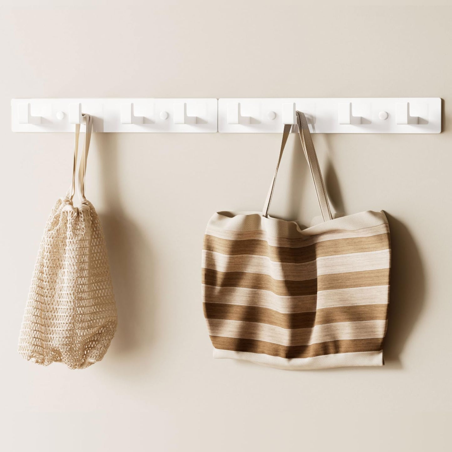 White Wall Mounted Coat Rack - 2 Modular Rails (25'' Total), 8 Right-Angle Hooks, Modern Organizer for Entryway, Bathroom, Bedroom, Holds Coats, Towels, Hats