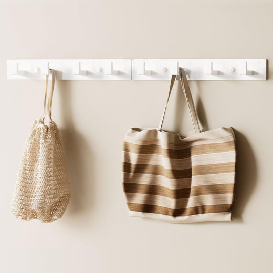 White Wall Mounted Coat Rack - 2 Modular Rails (25'' Total), 8 Right-Angle Hooks, Modern Organizer for Entryway, Bathroom, Bedroom, Holds Coats, Towels, Hats