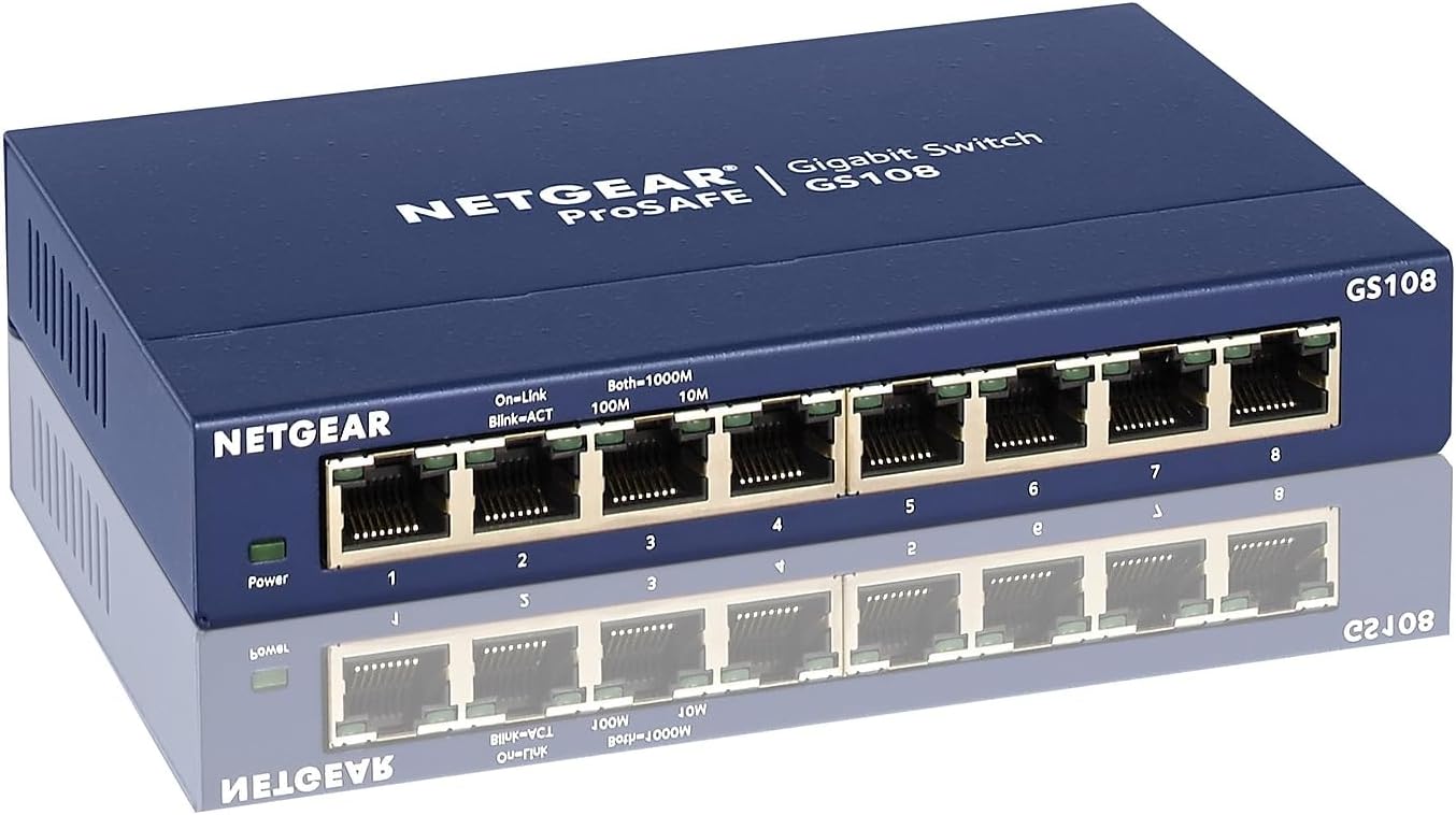 NETGEAR 8-Port Gigabit Ethernet Unmanaged Switch (GS108) - Desktop or Wall Mount, and Limited Lifetime Protection