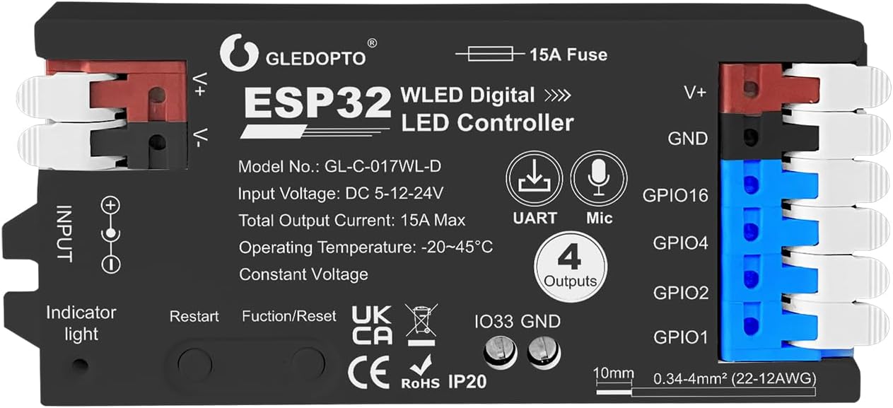 ESP32 WLED LED Strip Controller 4 Channel Outputs 15A Fuse Link TI Level Shifter UART Download DIY Dynamic Lighting Mode APP Control for Digital RGB IC WS2811 WS2812 WS2815 SK6812 etc