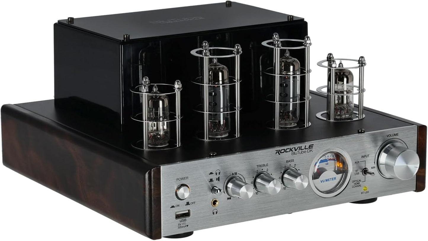 Rockville BluTube DK Audiophile Tube Amplifier with Bluetooth, 35Wx2 RMS @ 4 Ohm, HDMI/Optical/Coaxial Inputs, Sub Output, USB, RCA, VU Meter, Headphone Out
