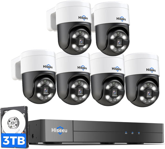 [300°Pan 90°Tilt+Human Tracking] Hiseeu 4K PoE PTZ Camera System,NVR Security Camera System w/6Pcs 5MP Wired Security Camera Outdoor&Indoor,2-Way Audio,Waterproof,7/24 Record for Home Surveillance