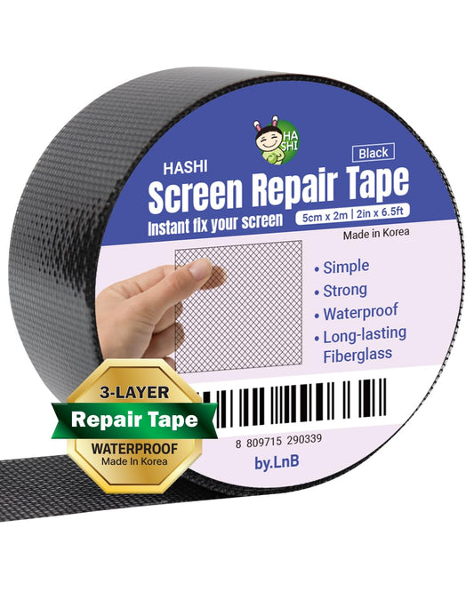 HA SHI Screen Repair Kit for Windows or Doors (2" x 6.5FT, Black) 3-Layer Strong Adhesive Tape, Made in Korea, Ease-Installation Fiberglass Covering Mesh