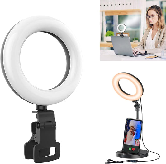 Ring Light with Stand, Desk Ring Light with Clip Upgraded 10W 3000K-6500K Travel Desktop Light for Phone Selfie Laptop Zoom Video Makeup Vlog Tiktok Live Streaming