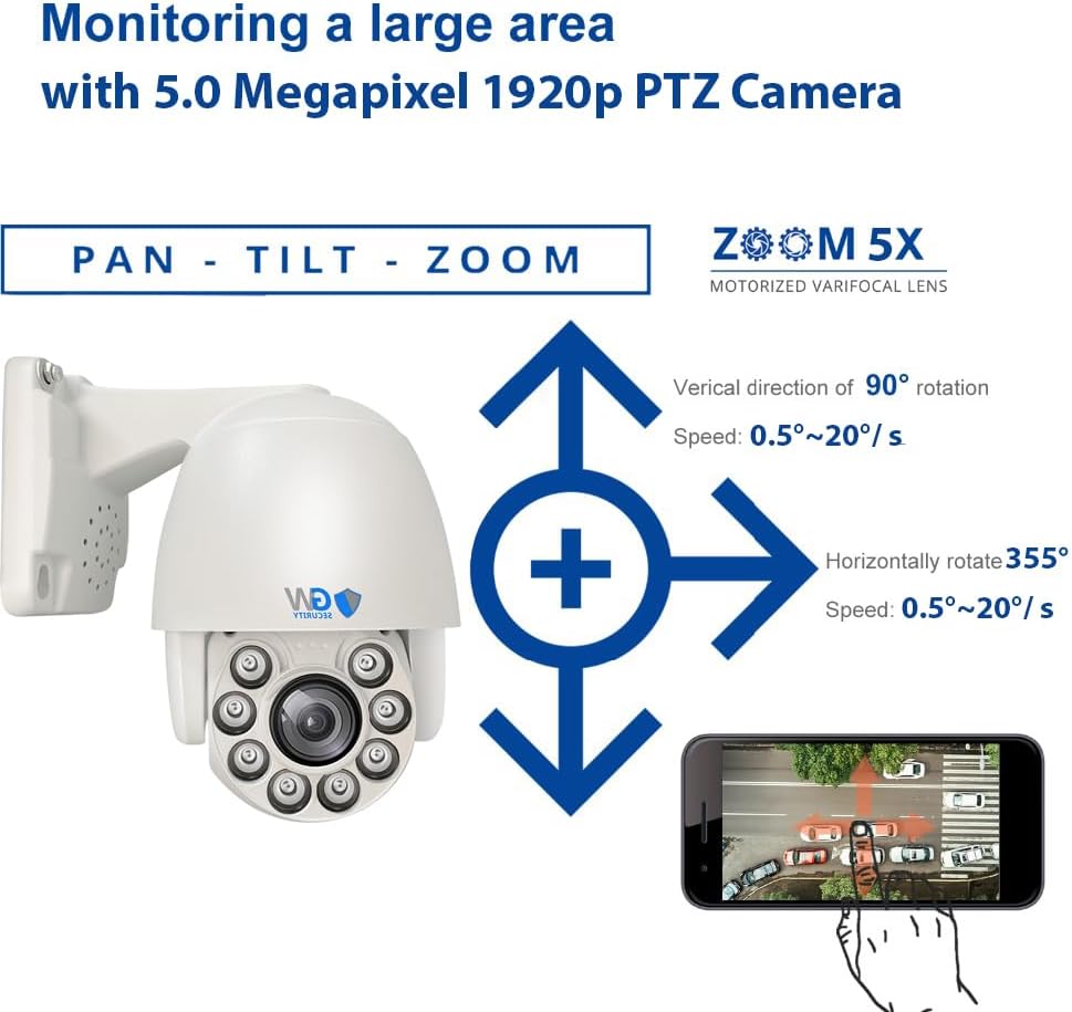GW Security 8 Channel 4K NVR 5MP PoE Smart AI Security Camera System with 4 x 5MP Bullet Cameras and 1 x 5MP 5X Motorized Zoom Two-Way Audio PTZ Camera, Outdoor Indoor Video & Audio Surveillance