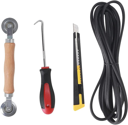 4 Pack Screen mesh Repair Rolling Tools Set for Window/Door Screen Replacement Include Spline Roller Tool with Wooden Handle and Steel Bearing Wheel/Screen Retainer Spline/Hook/Cutter (20'Spline)