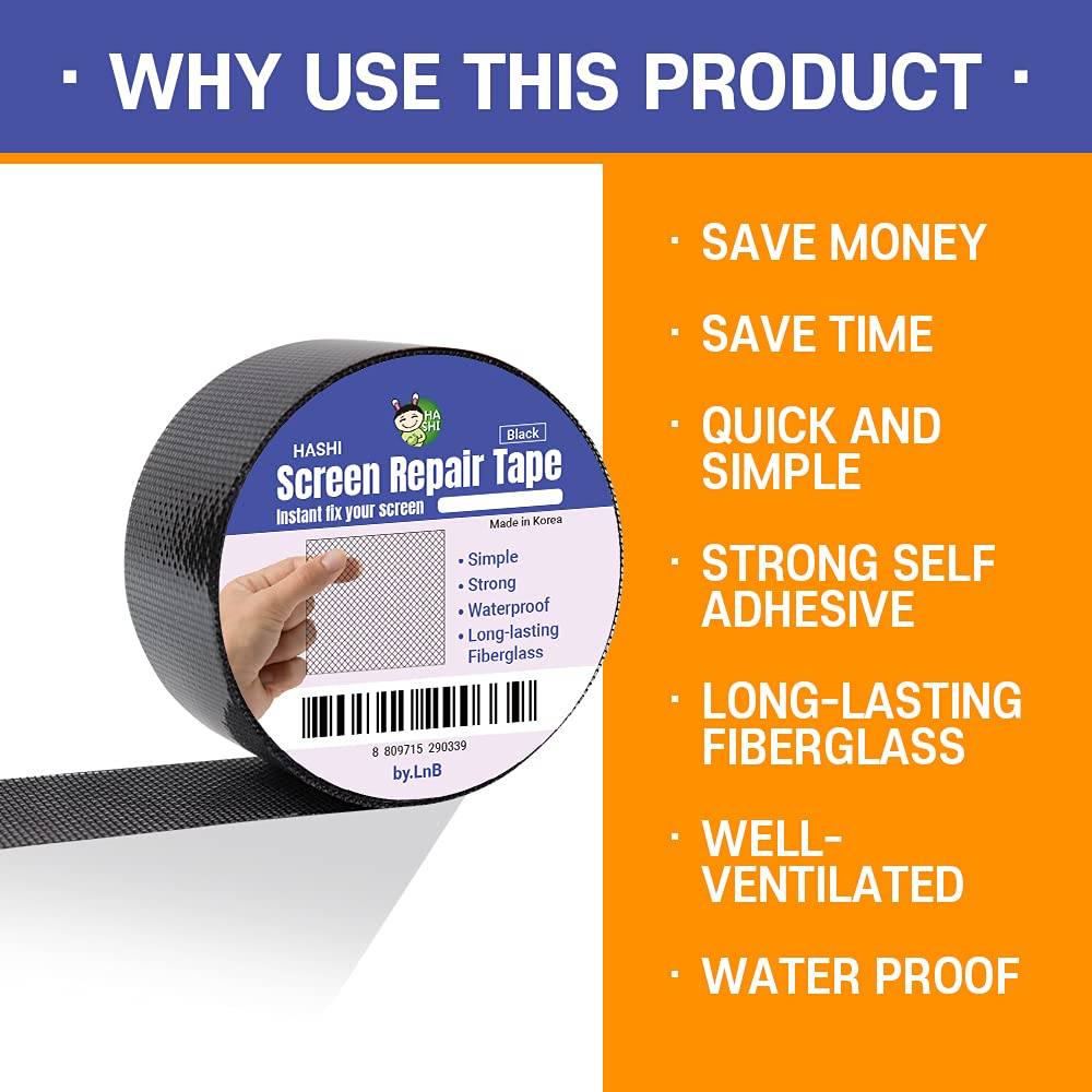 HA SHI Screen Repair Kit for Windows or Doors (2" x 15FT, Black) 3-Layer Strong Adhesive Tape, Made in Korea, Ease-Installation Fiberglass Covering Mesh