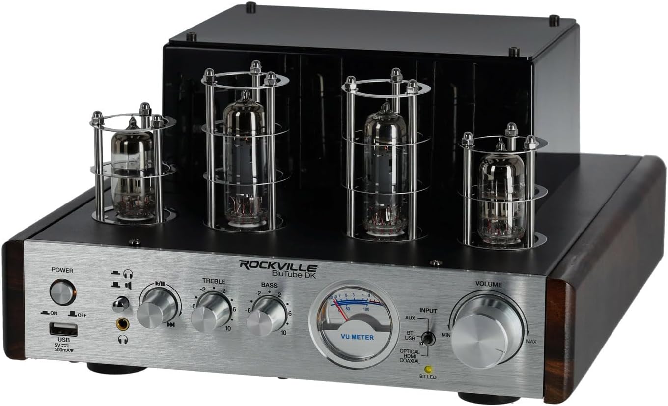 Rockville BluTube DK Audiophile Tube Amplifier with Bluetooth, 35Wx2 RMS @ 4 Ohm, HDMI/Optical/Coaxial Inputs, Sub Output, USB, RCA, VU Meter, Headphone Out