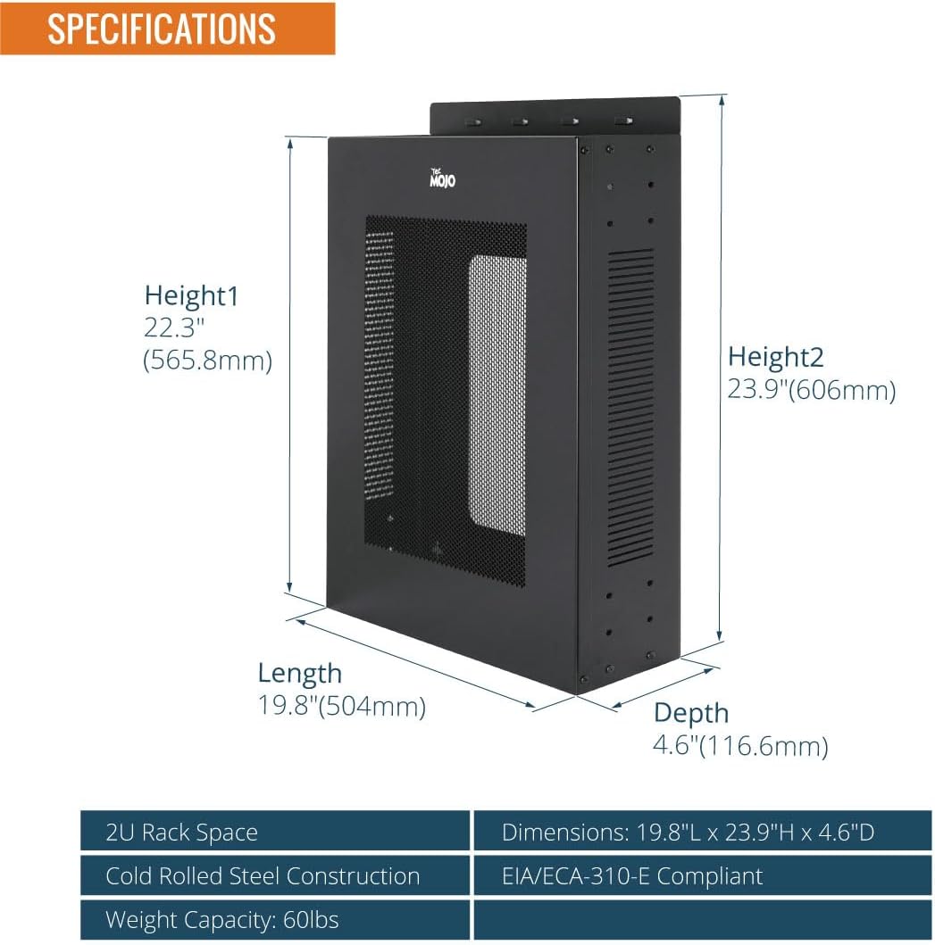 Tecmojo 2U Vertical/Horizontal Wall Mountable Server Rack, with Vented Enclosure for 19" IT Equipment, Cable Modems, Telecom, A/V, Black