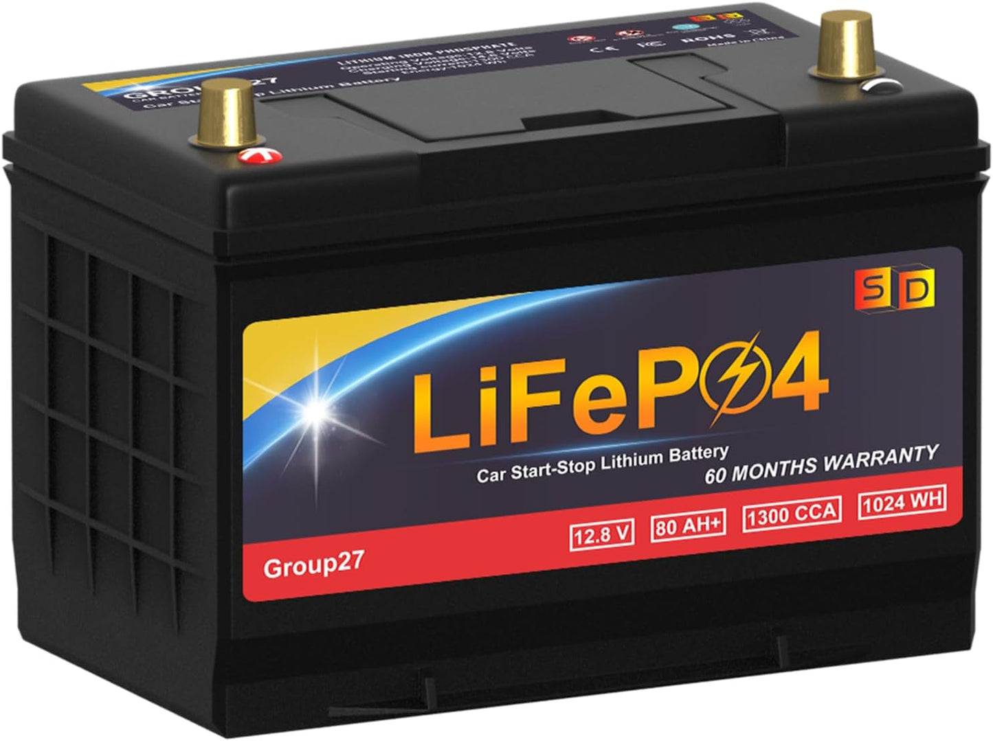 Car Battery GROUP 27 Lithium-ion Car Battery, 12.8V 80Ah 1300CCA LiFePO4 Automotive Battery For Car, 60 Months Warranty