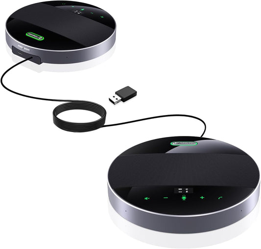 2-in-1 Conference Speaker and Microphone, Daisy Chain Wireless Bluetooth Speakerphone with 360° omnidirectional mics USB/Dongle/Bluetooth Connection 18H Talk Time for 15-30 People Meeting