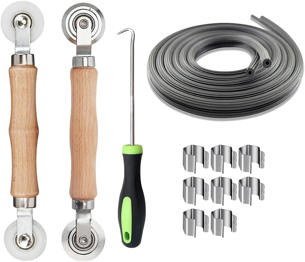 Windows Screen and Screen Door Repair Kit Including Steel/Nylon Roller with Bearing, Spline Removal Hook, Screen Retainer Spline and Screen Clips for Installing Door Window Mesh, 5pcs