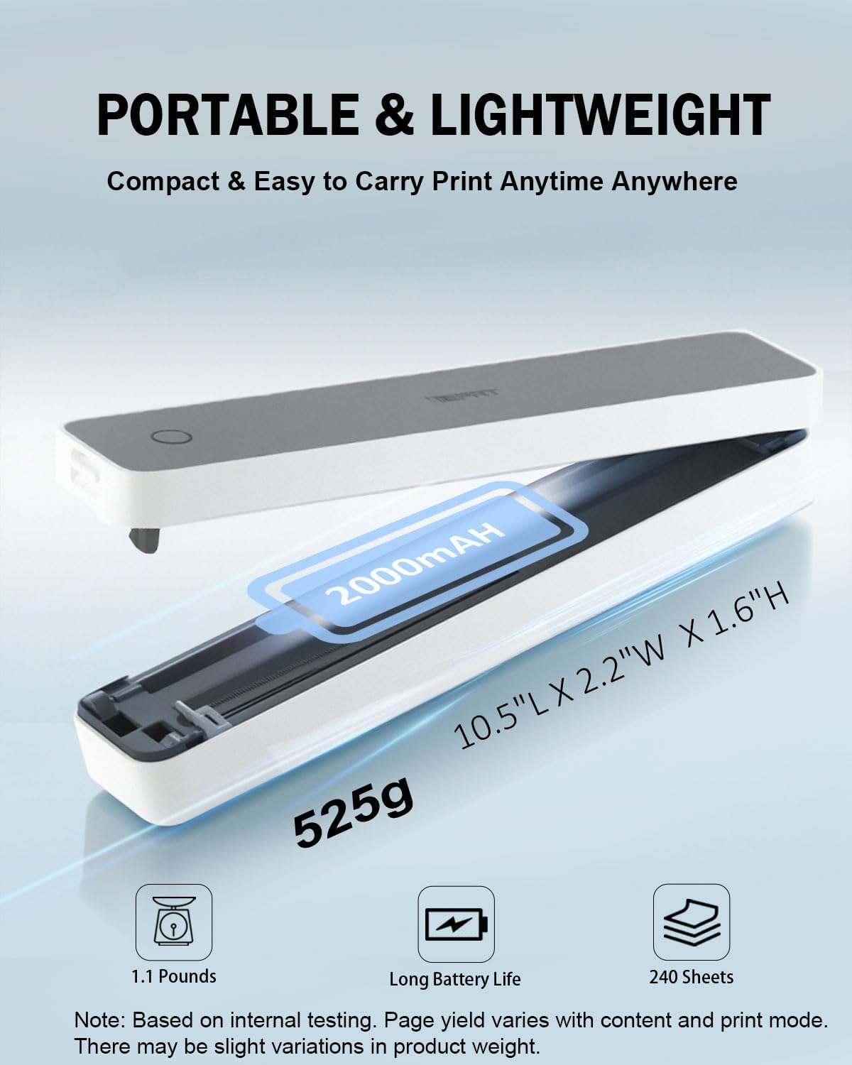 Inkless Portable Printer for Travel, 300DPI Wireless Thermal Printer Support 8.5" x 11" US Letter, A4, MT610Pro Small Bluetooth Printers Compatible with iOS, Android Laptop for Home Office Car, Grey