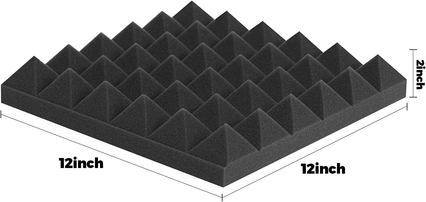Acoustic Panels - 12 Pack 12x12x2 Inches Black Pyramid Acoustic Foam, Fire-Proofed Soundproof Wall Panels, 25kg/cbm Sound Proof Foam Panels ， Sound Panels for Recording Studio and Music Room
