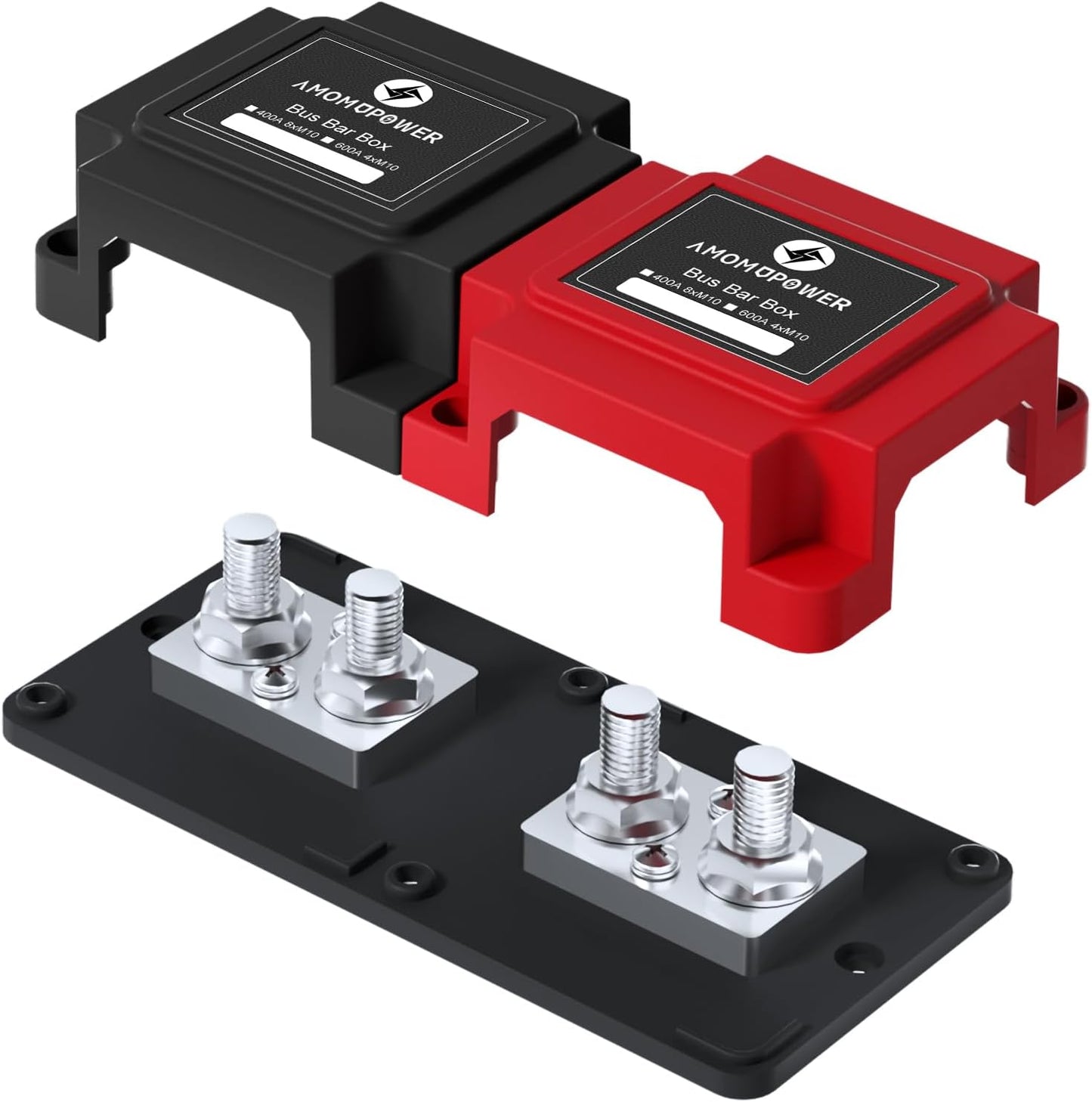 600A 48V Bus Bar Box 4 Stud (3/8 inch) M10 High Current Tin Plated Copper Distribution Block Positive Negative Independent Modules Electrical Battery Ground Buss Bar with Cover for RV Marine