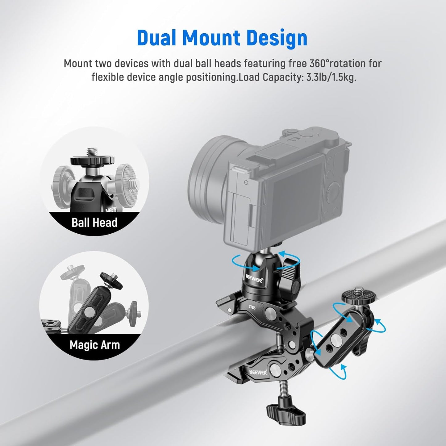 NEEWER Super Clamp with 3" Dual Ballhead Magic Arm, Ball Head Adapter, Cold Shoe, Phone Holder, Action Camera Clamp Mount for Flat/Round Surface Compatible with GoPro DJI iPhone 15 Pro Max, ST85