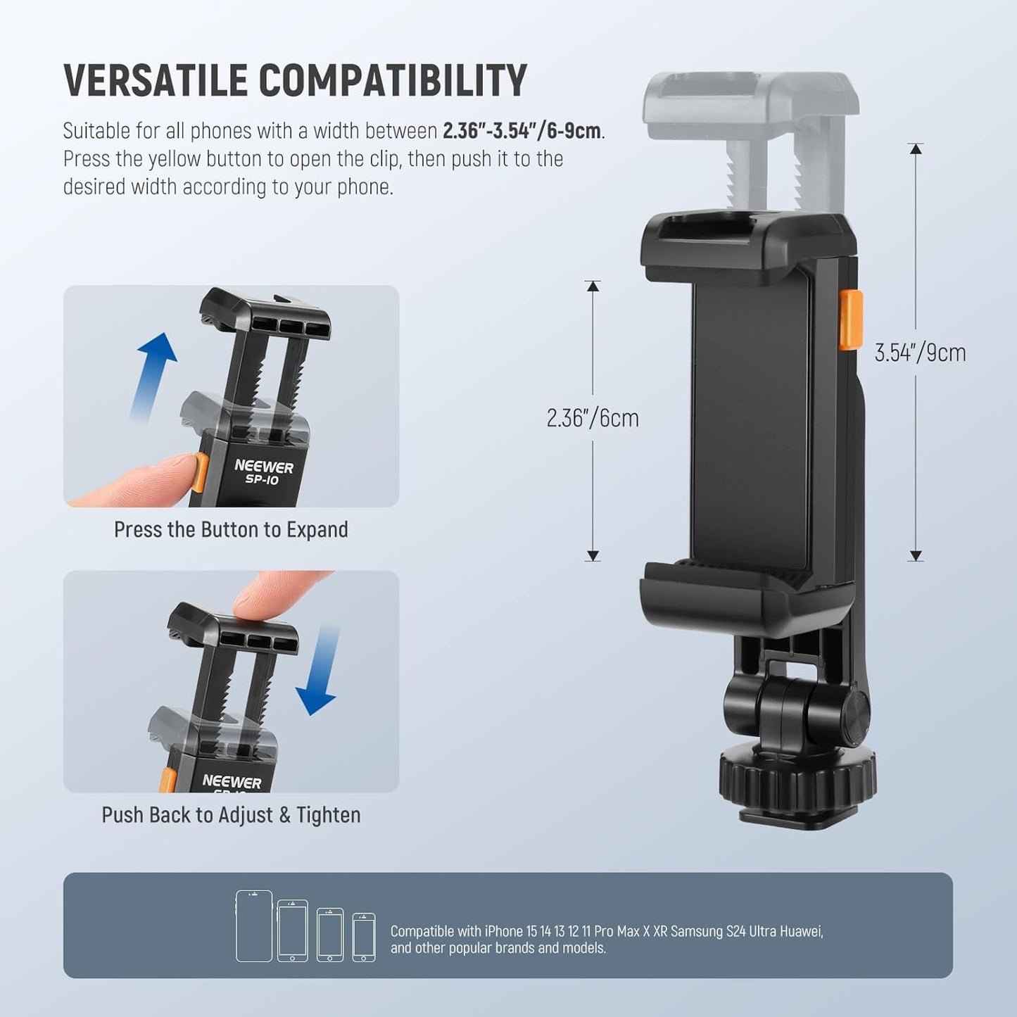 Neewer Basic Phone Tripod Mount Holder with 1/4" Thread & Cold Shoe, 2.36"-3.54"/6-9cm 360° Rotatable Camera Mount Cellphone Clamp for iPhone 15 14 13 12 11 Pro Max X XR Samsung S24 Ultra, SP-10