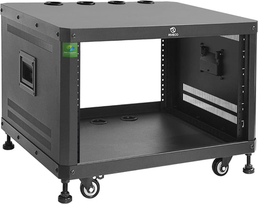 RIVECO POMU 6U Stereo & Studio Rack with Caster Wheels, Rolling Network Cabinet, Open Frame Audio Rack for 19 inches Video Music Recording & IT Equipment, Obtuse Angel, Lifting Handle