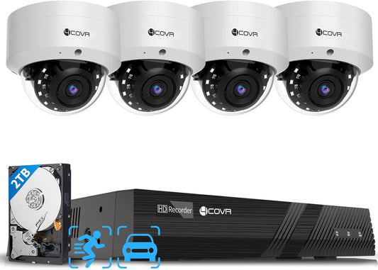 4COVR NVR Security Camera System, 4Pcs 5MP IK10 Vandal-Proof Dome PoE IP Camera with Mic, AI Human Vehicle Detection, 8CH 8MP H.265 NVR with 2TB HDD, IP67 Home Weatherproof Outdoor, LY54AX5M0804