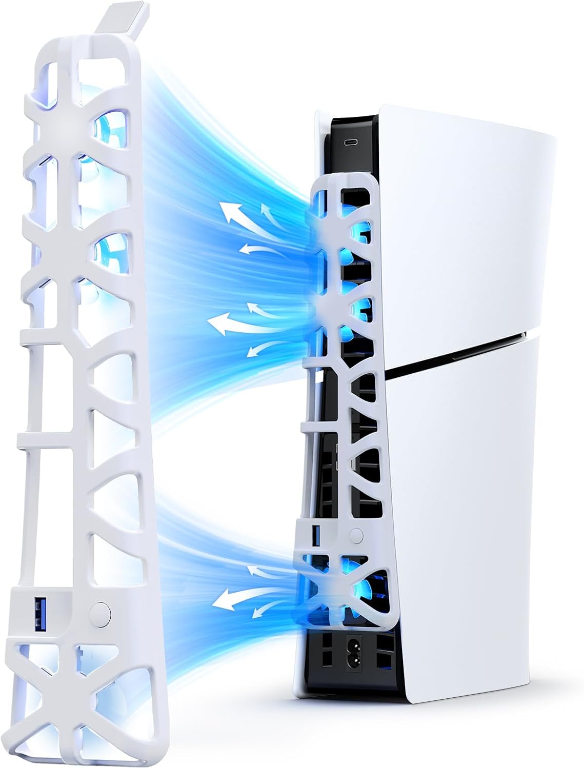 NexiGo PS5 Slim Silent Enhanced Cooling Fan with Adjustable Speed, Auto Power On/Off, with USB 3.0 Port, Efficient Cooling System for Both PS5 Slim Disc and Digital Editions (White)