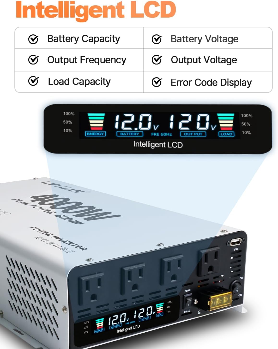 LVYUAN 4000 Watt Power Inverter 12V to 110V 120V DC to AC Converter with 4 AC Outlets, LCD Display, USB Charge Port, Remote Control for Home RV Vehicle Outdoor Camping Car Power Inverter
