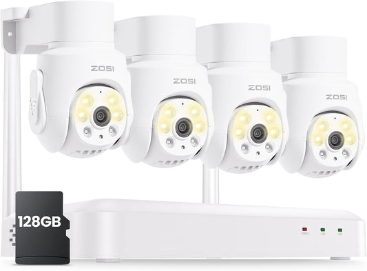 ZOSI 8 Channel 3K Wi-Fi 6 Security Camera System with 128G Memory Card for 24/7 Record, 4 x 5MP Pan Tilt WiFi Camera with Auto Tracking, Color Night Vision, Plug-in, AI Person Detect, 2-Way Audio
