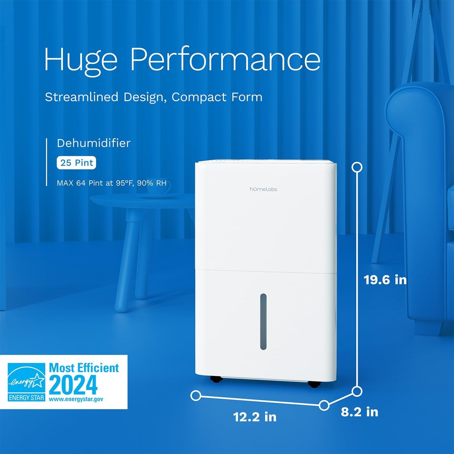 hOmeLabs 25 Pint Wi-Fi Dehumidifier for up to 3,500 Sq Ft Rooms (MAX 64 Pint at 95°F, 90% RH) – High-Efficiency Moisture Removal for Medium to Large Spaces with Auto Shut-Off and Quiet Operation