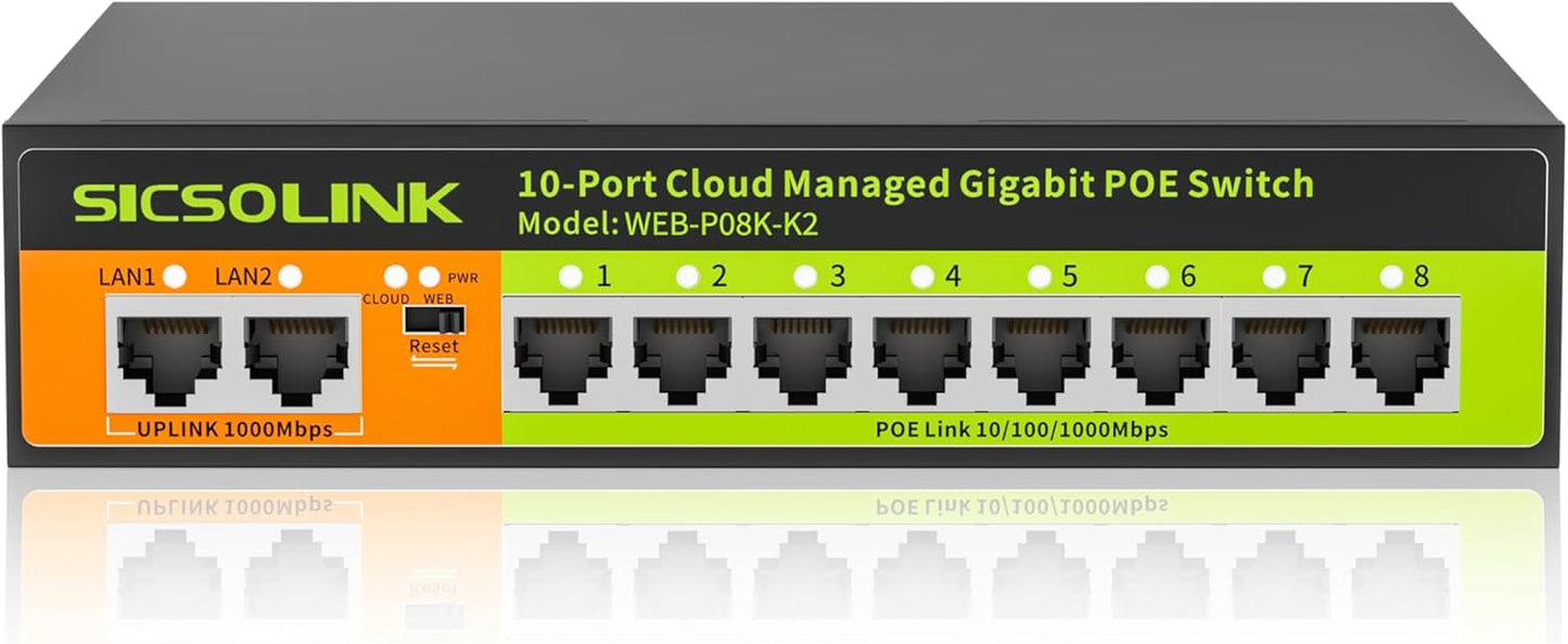 POE Switch, 10 Port Gigabit Switch, Easy Smart Cloud Managed Switch/Ethernet Splitter for Small Bessiness/Home Network & Power Management, Fanless & Metal Design, VLAN. (10 gigabit Ports|120w 8*POE+)